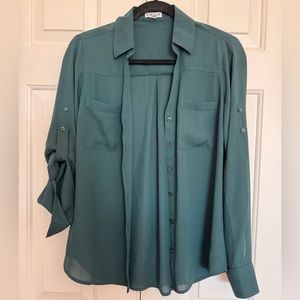 Express dark green / teal-ish v-neck button up blouse (size SP)